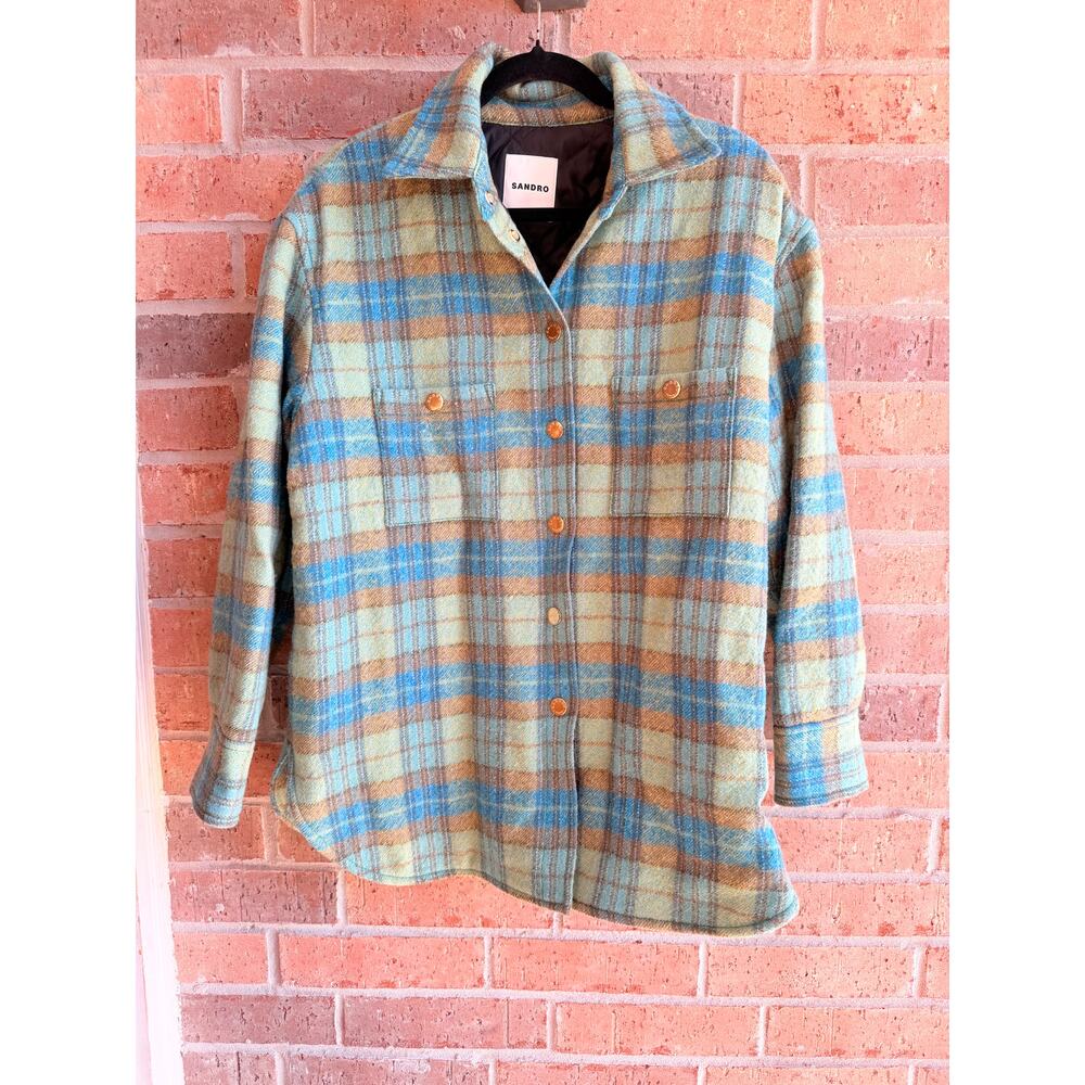 Sandro Blue/Green Jacket Virgin Wool Size Large NWT - Picture 1 of 9